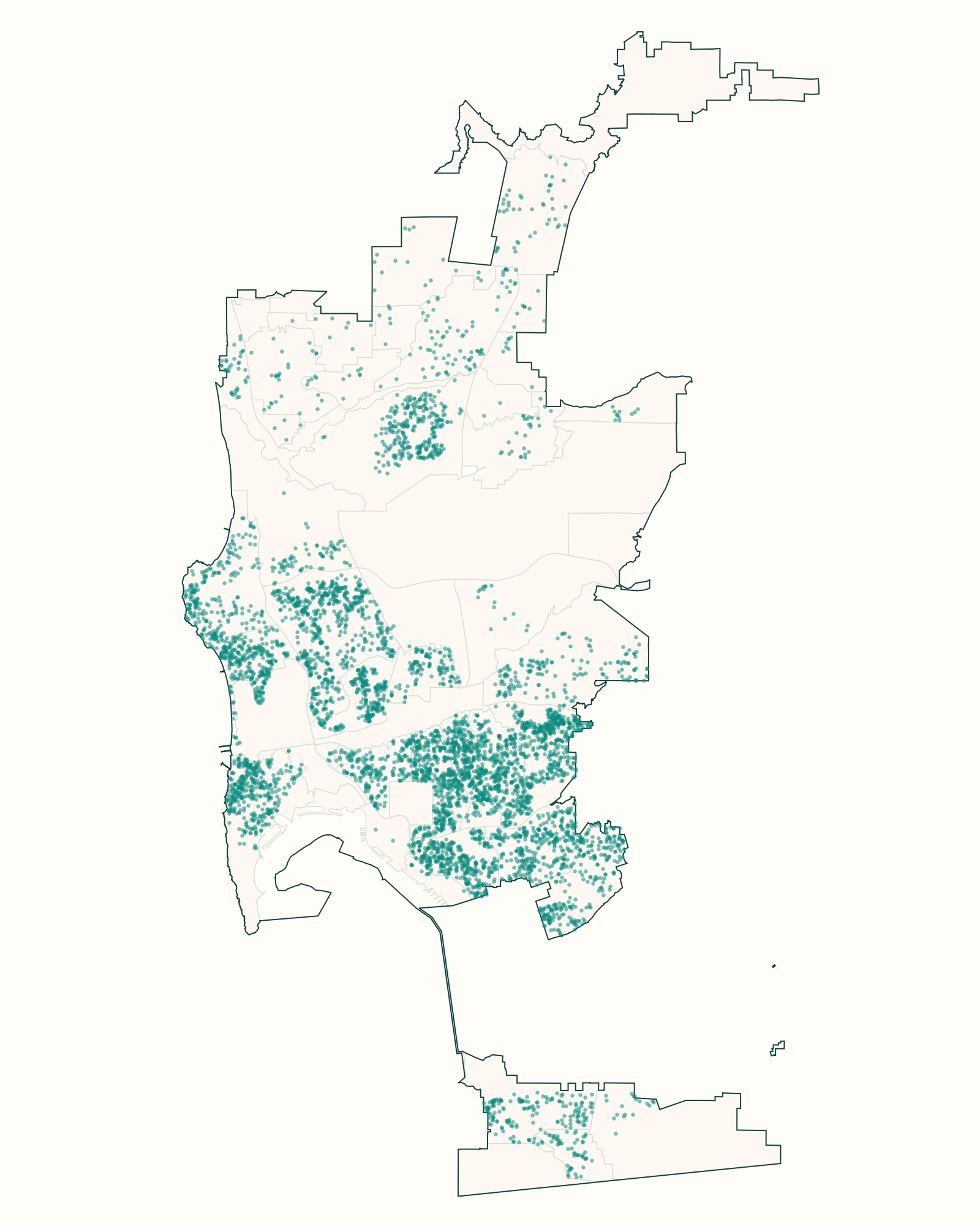 Map of the City of San Diego with one dot for each of the 5,818 ADU permit projects, January 2024 to September 18, 2026.