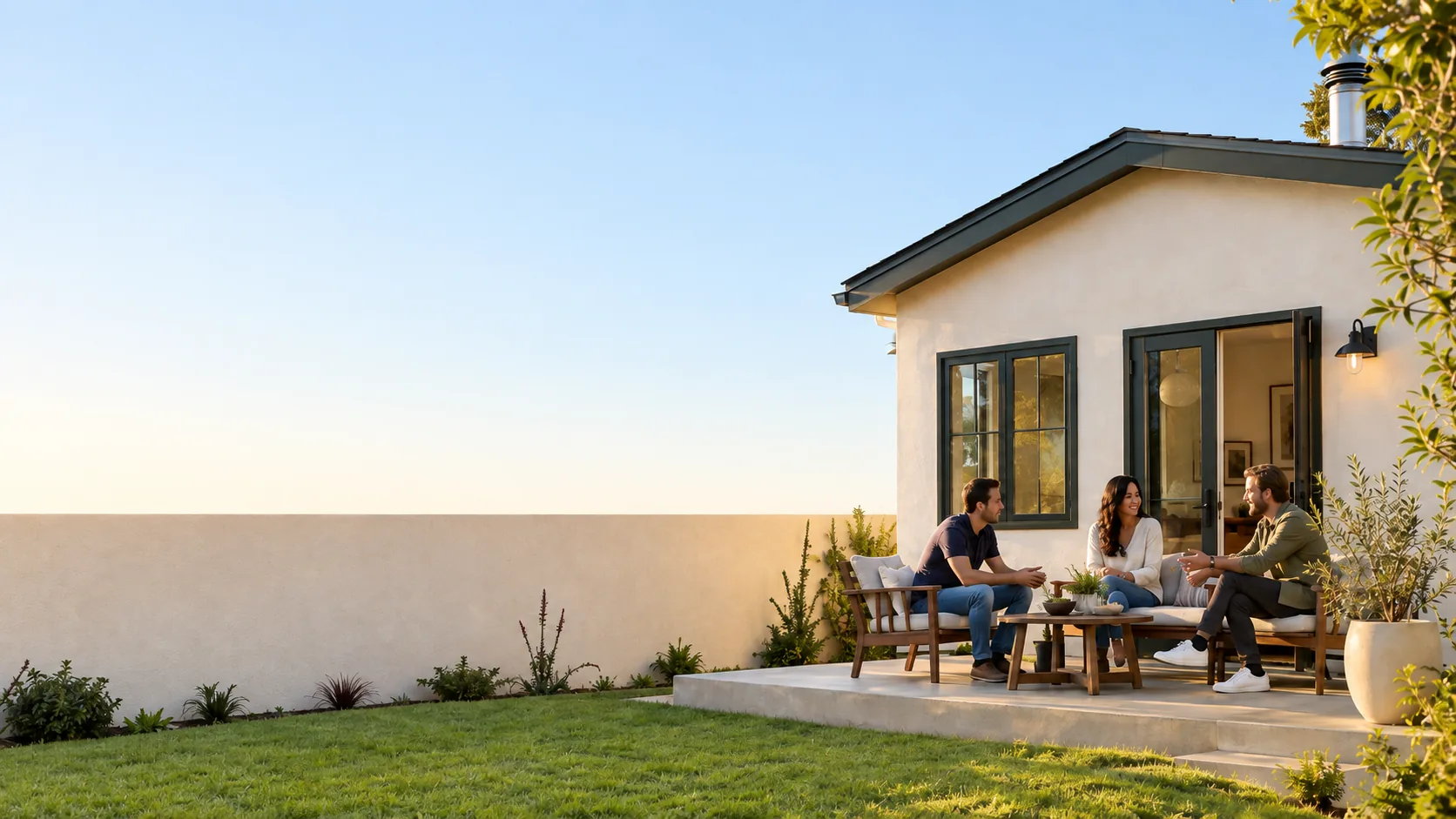 Concept image: three people talking on the patio of a backyard ADU in late-afternoon light