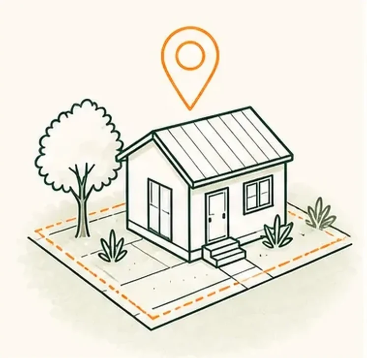 Illustration: a small house on its lot with a map pin above it