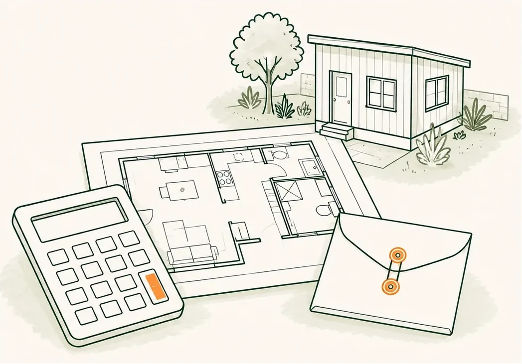Illustration: a calculator, a floor plan, and a blank budget envelope beside a small ADU