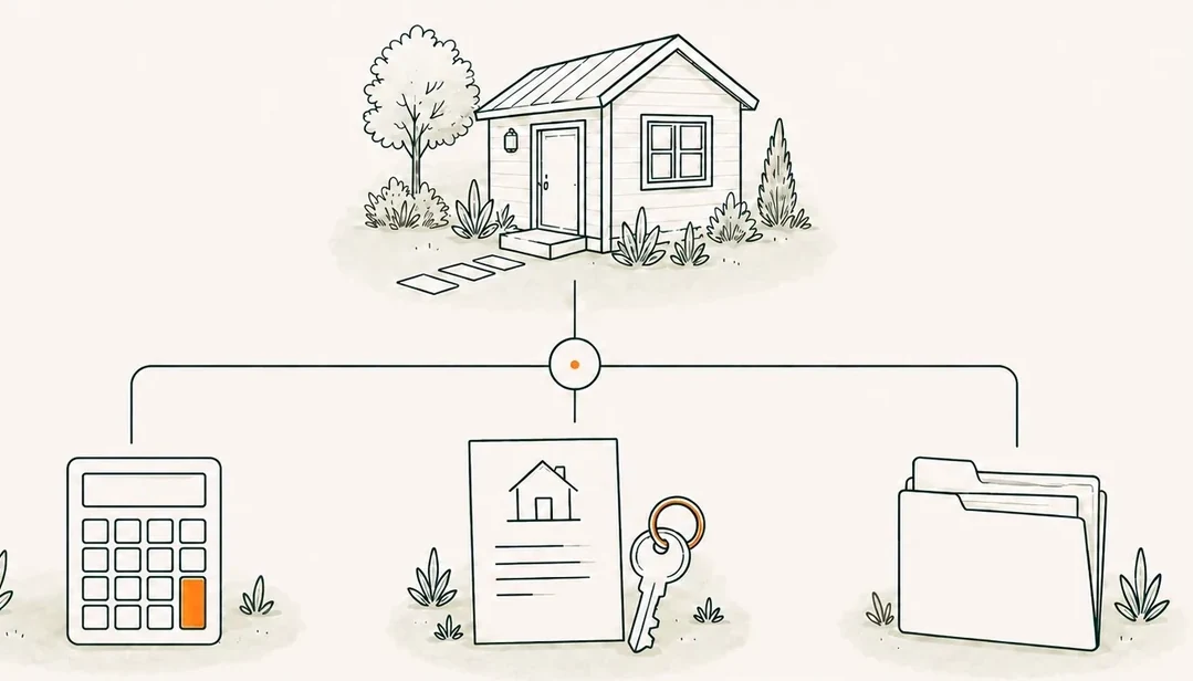 Illustration: a small ADU branching to a calculator, a home-equity document with keys, and a project folder
