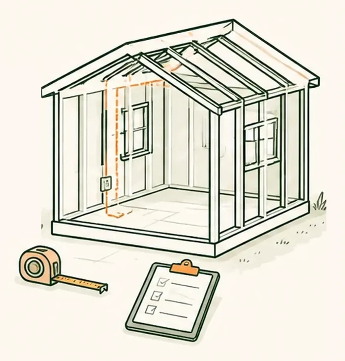 Illustration: an open garage shell with a tape measure and a checklist
