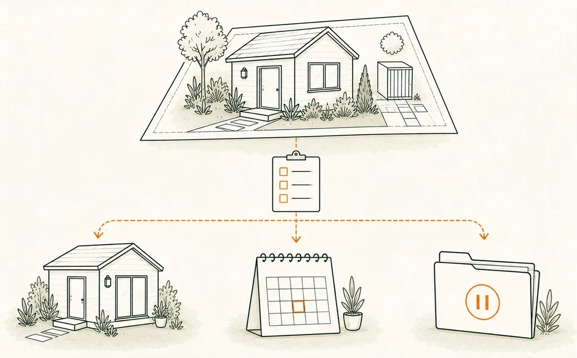 Illustration: a property and checklist branching to building, waiting, and pausing