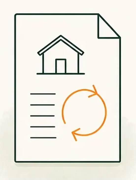 Illustration: a permit-style document showing a house and a review cycle arrow