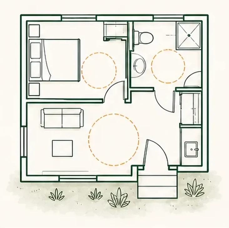 Illustration: an ADU floor plan with rooms, fixtures, and clearance circles