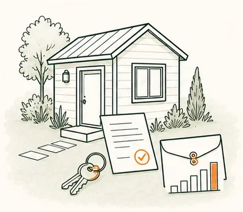 Illustration: a small rental ADU with keys, a lease-style document, and an envelope showing a bar chart