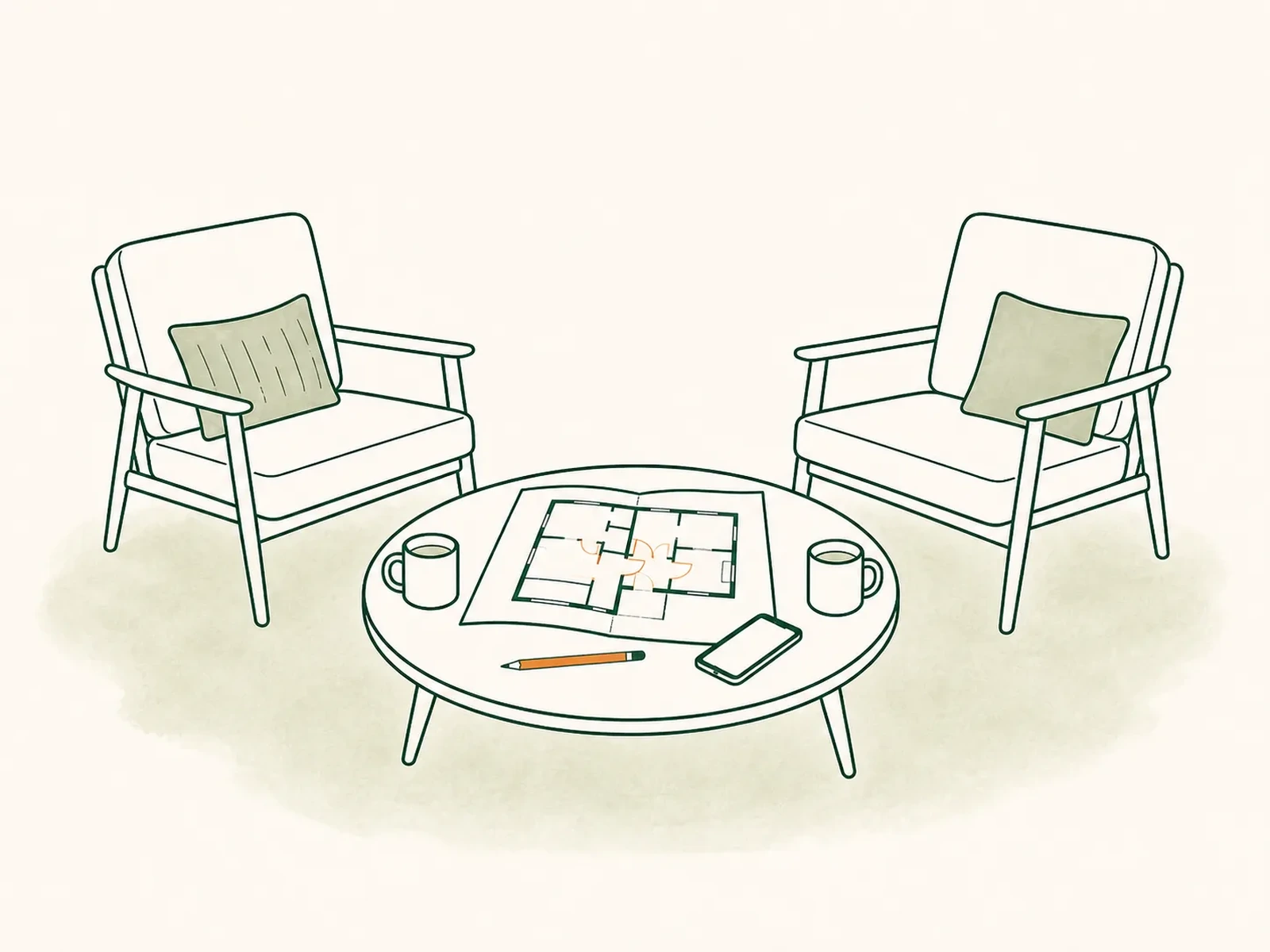 Two chairs and an open ADU plan ready for a guided planning conversation